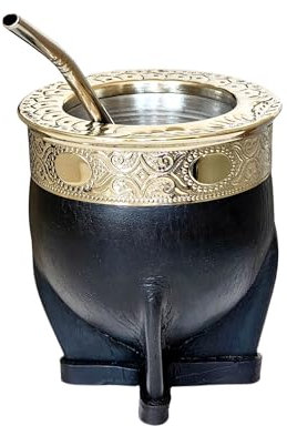 Vaso Mate Imperial Argentino Deluxe Estilo Griego, Hecho de Acero inoxidable, Cuero Negro y Plata Alemana (Alpaca), Yerba Mate Cup con Bombilla de Acero Inoxidable (Borde Labrado, Negro)