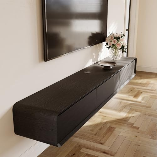 POVISON TV Schrank schwebend 180cm schwarz modern Walnussholz aus Massivholz mit 3 Schubladen, TV Lowboard hängend mit Kabelmanagement hochwertig, Komplettmöbel mit Stauraum für Wohnzimmer