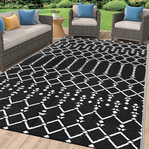 Homaxy Outdoor Teppich Wetterfest 120x180cm, Schwarz & Weiß | Beidseitig Nutzbar, Wasserdicht, Boho Design, Für Terrasse, Garten, Balkon, Camping, Picknick