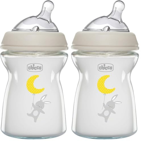 Chicco NaturalFeeling Biberón de Cristal Anticólicos 0 Meses, 250 ml, con Tetina Inclinada de Silicona Suave y Doble Válvula Anti Cólicos, Alimentación Natural y Lactancia Mixta - Vídrio