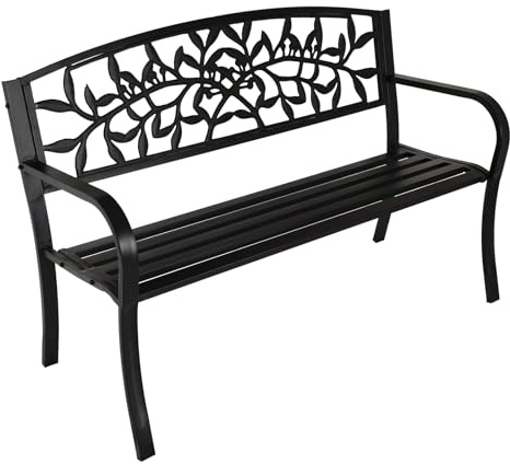 BIRCHTREE 125CM FULL METAL Garden Bench 3 Seater Outdoor Patio Seat with Armrest, Weather-Resistant Steel Frame & Decorative Cast Iron Backrest, Black, C079