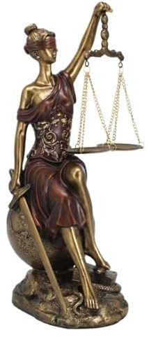Statuette Déesse de la Justice 34 cm – Statue Thémis Assise en Résine Bronze & Rouge – Sculpture Balance & Épée – 17 x 16,5 x 34 cm