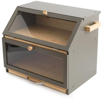 3-in-1 Bamboo Bread Bin 2-Tier Bread Box W/ Cutting Board And Knife Holder Naturally Antibacterial Sustainable Eco Friendly Storage Box Organic Premium Kitchen Organiser Double Decker (Grey/Natural)