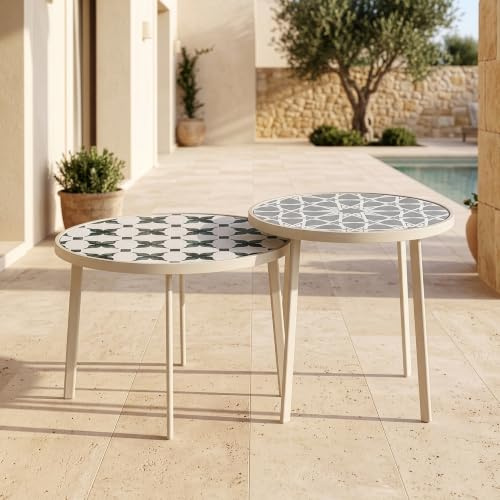 casa.pro Lot de 2 Tables d'Appoint d'Extérieur Faeto Résistant Champagne | Tables basses gigognes rondes, plateau en verre, style méditerranéen, jardin, balcon, terasse, salon