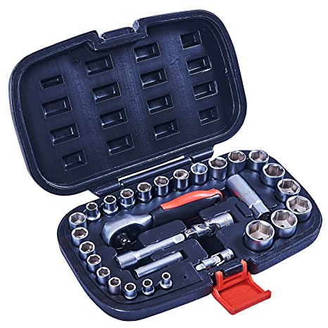Amtech - 1/4in & 3/8in Socket Set, Dual-Drive 72T Ratchet, Extension, Universal Joint & Spark Plug Socket, for car, Plumbing and Home Repairs (30pc)