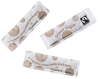 Vegware Fairtade Brown Sugar Sticks 1000 | Quickly sweetens hot drinks in professional catering settings, with individually wrapped portions to ensure hygiene.