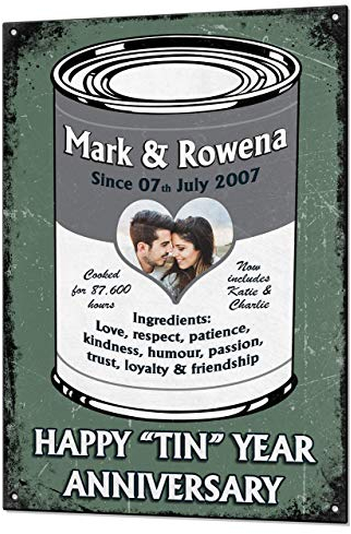 10 Year Tin Wedding Anniversary Gift Custom Vintage & Matching Fridge Magnet Keepsake Sign Retro Plaque Fully Personalised Photo & All Text