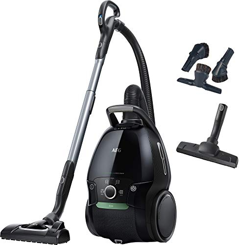 AEG VX9-4-ÖKOX Staubsauger mit Beutel (70% Recyclingmaterial, XL-Softräder, besonders leise, Ergo-Handgriff, Inkl. Zusatzdüsen, stufenlos, 5l Staubbeutel, 460 Watt, 12 m Aktionsradius, schwarz)