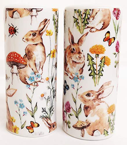 Ensemble salière et poivrière ronds en porcelaine décorée à la main au Royaume-Uni Motif lapins et champs de fleurs
