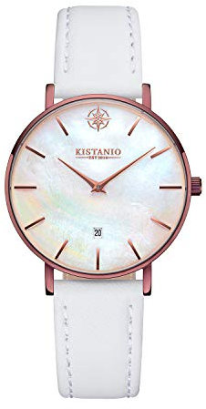 Kistanio Damenuhr Petit Mocca Edelstahl Saphirglas mit weißem Lederband MO-PM-L-WH