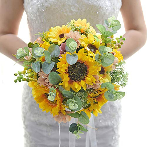 Fiwisora 26,5 cm brud håller bröllopsbukett äkta utseende solros blandad med små blommor hampa band kastbukett för bröllop brudar brudtärna bröllop håll blomma