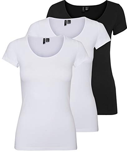 VERO MODA Vmmaxi My SS Noos Women’s Soft Scoop Neck T-Shirt, White/Black (2 x Bright White / 1 x Black)., M