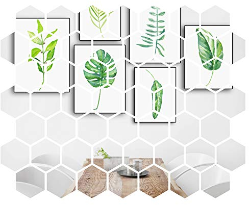 MicButty Spiegel Wandaufkleber, 52 Stück Acryl Spiegel Wand Dekor 3D Sechseck Wandspiegel Aufkleber Sticker Spiegel Klebend Wand für Junge Mädchen Kinderzimmer, Schlafzimmer(Silber, 100 x 86 x 50mm)