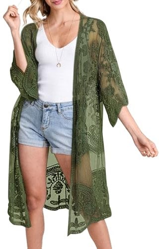 Bsubseach Women Mesh Lace Beach Kimono Cardigan Open Front Swimsuit Cover Ups Swimwear Green