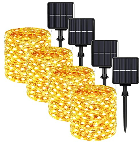 Extra lange 70 m Solar-Lichterkette, 4 Stück je 200 LEDs, für den Außenbereich, wasserdicht, 8 Leuchtmodi, warmweiße Kupferdraht-Lichter für Terrasse, Hinterhof, Baum, Garten, Zaun, Pool, Party