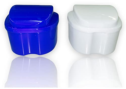 all-around24 2 Stück Dentalbox - Zahnspangendose - Sichere Aufbewahrung in der Prothesendose - Gebiss Aufbewahrung in Blau und Weiß - Robuste Zahnspangen Dose inkl. Sieb (Blau + Weiss)