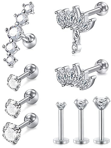 AVYRING 9 Stück Knorpel Ohrpiercing Stud Ohrstecker CZ Diamod Chirurgenstahl 16G Tragus Helix Piercing Ohrringe Silber