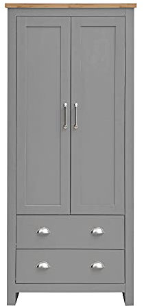 Timber Art Design UK Lisbon Double Door Wardrobe with Drawers, Oak Top Cupboard with Hanging Shelf and Metal Handles - Bedroom Furniture Storage - Grey (52D x 79W x 181H cm)
