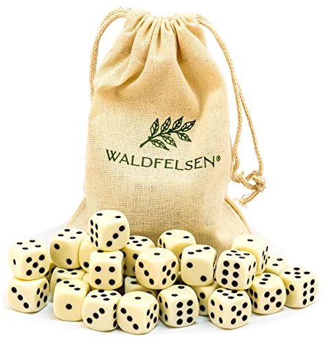 Waldfelsen 6, 12, 20, 30 oder 50 hochqualitative Würfel Standardgröße 16 mm Acrylwürfel Knobel Spielwürfel Dice 6-seitig sechsseitig Spielzubehör Set mit Stoffbeutel (Elfenbeinfarben, 30 Stück)