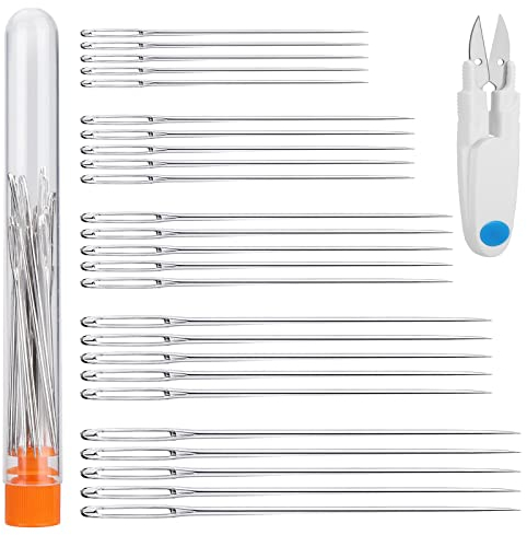 25Pcs Assortment Large Eye Needle Set, Big Eye Embroidery Knitting Darning Stitching Needles with Sharp Point, 5 Sizes Hand Sewing Needles with Scissors 1.65” 1.8” 2” 2.2” 2.36”