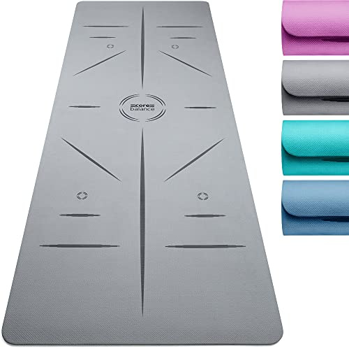 Core Balance TPE Yoga Mat with Alignment Lines 6mm Non Slip Foam Exercise Fitness with Travel Strap (Grey)