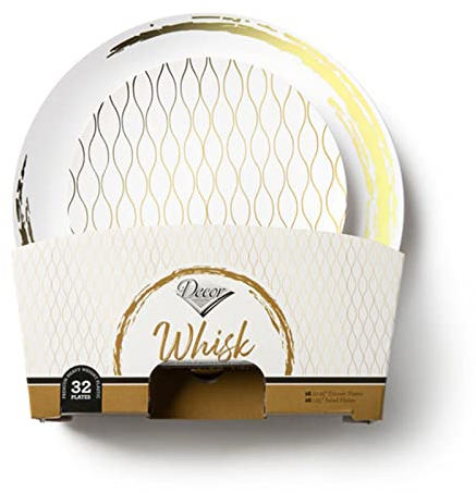 Decor Decorline - Set di stoviglie riutilizzabili da 32 pezzi/per 16 persone - Collezione Whisk - Bianco/Oro - Piatti da dessert per cena e antipasti - 2 misure (16 x 26 cm e 16 x 19 cm)