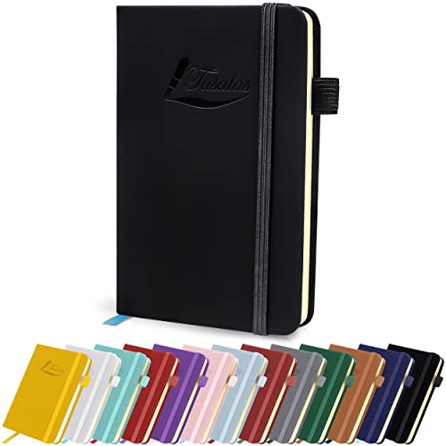 Tasalas Pocket Notebook Portable A6 Notebooks with Inner Pocket and Elastic Band - 80 GSM Lined Paper Notepad, 196 Pages (98 Sheets) Soft & Durable PU Leather Cover (Black)