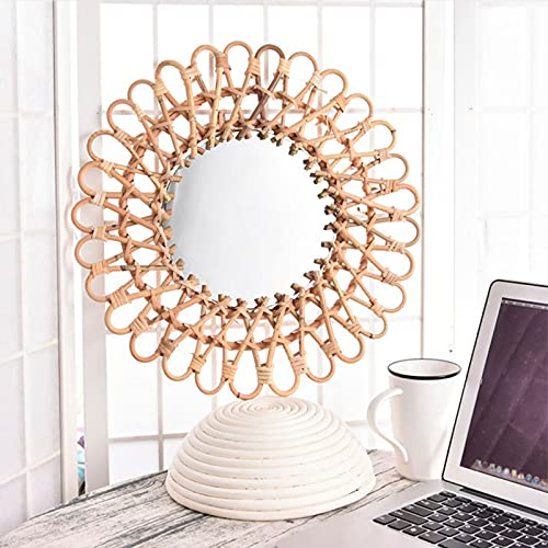 Runder Rattan-Spiegel Wandspiegel Kreativer Art-Deco-Spiegel Toilettenspiegel Nordische Grundfarben aus Weidengeflecht für Badezimmer oder Eingangsflur