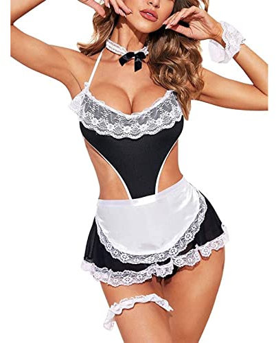 ROSVAJFY Sexy Maid Costume for Women Naughty Lace French Cosplay Babydoll Uniform Outfit Sheer Bodysuit Fancy Dress Servant Anime Lingerie Set with Apron for Halloween Party White Red