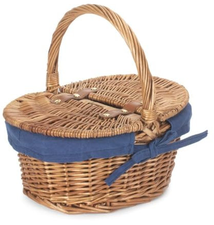 Red Hamper EH103N Wicker Childs Light Steamed Finish White Lined Oval Picnic Basket with Navy Blue Lining