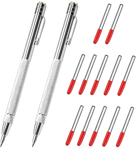 HINGTAI 2 Bolígrafo de carburo de tungsteno,con 12 puntas de marcado de repuesto, herramienta de trazado de carburo magnético de aluminio con clip, pluma de grabado de metal para vidrio/cerámica