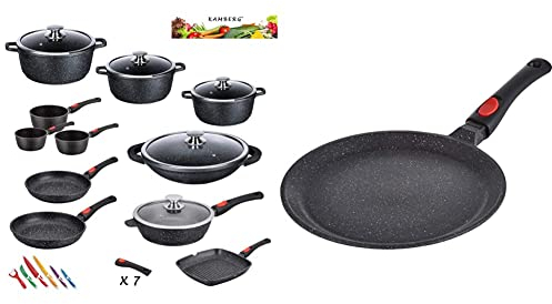 Kamberg - Set Lot Batterie de cuisine 27 pièces - Fonte d'aluminium - Revêtement pierre - Tous Feux dont Induction - 67 x 36 x 34 cm & Crêpière 28 cm - Manche Amovible - Fonte d'Aluminium