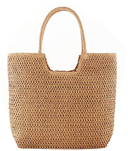 DKIIL NOIYB Sacs de plage en paille pour femme, sac fourre-tout tissé d'été avec pompons, grand sac à main pour les vacances, X01-Marron clair, 42cm