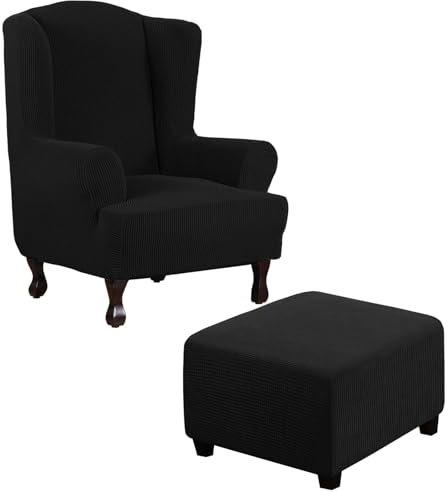 Thdsubb Ohrensessel Überzug Sesselbezug Sessel Sessel-Überwürfe Tiger Stuhlbezug Ottomane Schonbezug Hockerüberzug Husse Für Fußhocker (Schwarz,Ohrensessel+Quadrat XXL)