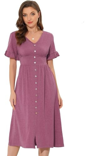 Allegra K Mujer Vestido Casual Verano Cuello En V Botones Manga Aleteada Cintura Alta Vestido Midi Fucsia S
