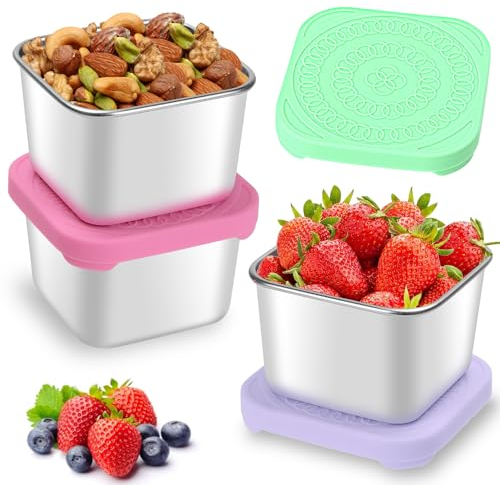 3Pcs Small Food Containers To Go Leakproof Food Storage Containers Stackable Snack boxes Tubs Reusable Metal Stainless Steel Storage Containers with Silicone Lids for kids,School,Travel|BPA-Free(6Oz)