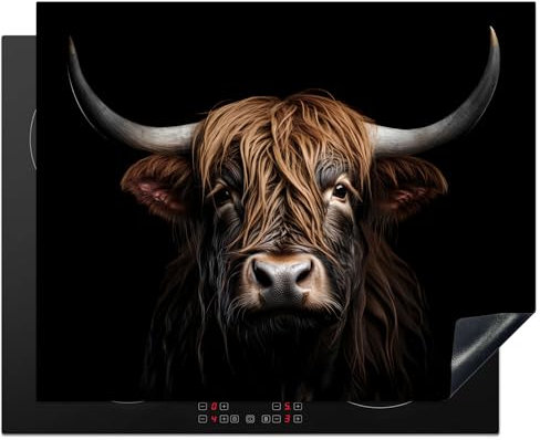 KitchenYeah© Induction Hob Protector Mat 20.5x25.6 / 65x52 cm Cooker Top Protectors Cover Ceramic Covers Electric Hobs Vinyl Scottish Highlander - Portrait - Black - Animal