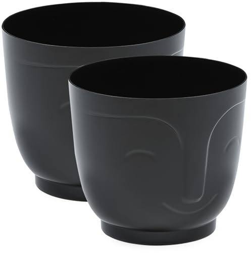 PECZEKO Lot de 2 pots de fleurs brillants en plastique - Pot décoratif pour grandes et petites plantes - Noir - Diamètre : 14 cm