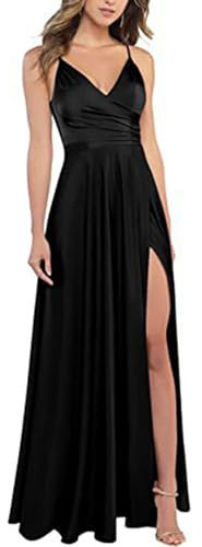 xxxiticat Damen V-Ausschnitt Spaghettiträger Lange Ballkleider Satin A-Linie Brautjungfernkleider formeller Satin Abschlussball Abendkleider mit Schlitz(BL,XL)