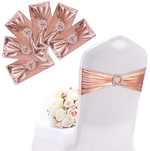 SamHeng 6 Pièces Bandeau de Chaise, Extensible Noeuds de Chaise Rubans Métallique Universel Élastique Housse de Chaise avec Boucle Coulissante pour Mariage Fête Décoration de Banquets (Or Rose)