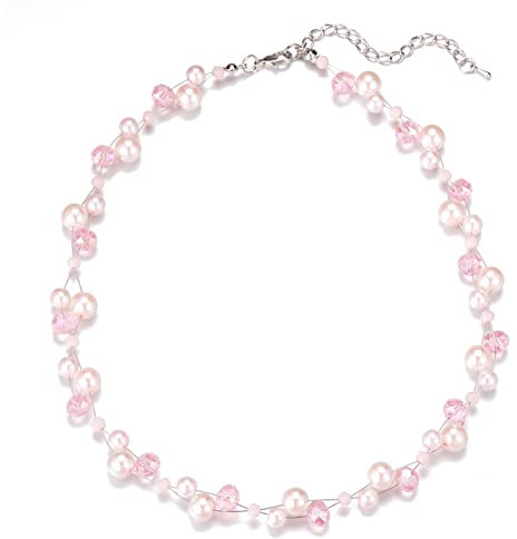 FULU AUTUMN Collier Court en Perle et Cristal pour Femme avec Chaîne en Argent Bijoux de Bohème Faits à La Main Cadeau Fete Des Meres pour Maman(light pink)