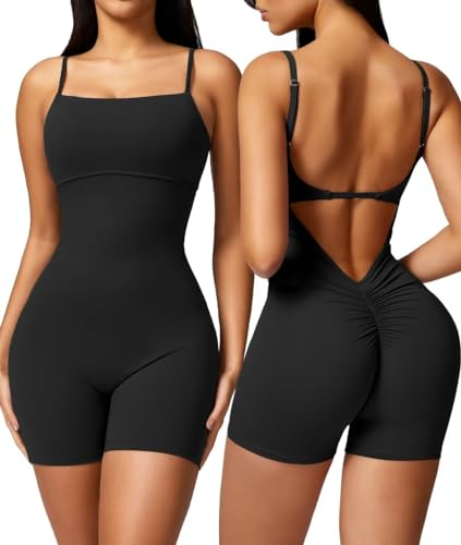 Vertvie Jumpsuit Damen kurz Eng Scrunch Butt Sport Bodysuit Sommer Ärmellose Spaghetti Strap Quadratischer Padded Onesie Rückenfrei Yoga Sexy Stretch Ganzkörperanzug Einteiler Romper(Schwarz,S)