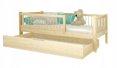 Profiwood Kinderbett mit Geländer und Schublade - Einzelbett für Kinder mit Stauraum - Holzstruktur Fein Geschliffen - Natürliche Holzfarbe - Massives Kiefernholz - Ohne Matratze - 90x200cm
