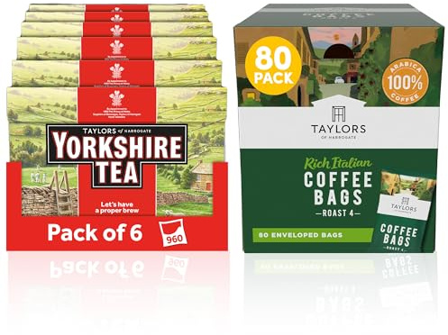 Yorkshire Tea & Taylors Coffee Bundle, 960 Tea Bags, 80 Decaffé Coffee Bags | 960 Everyday Black Tea Bags, 1 Box of 80 Taylors of Harrogate Decaffé Coffee Bags, 100% Arabica Roast & Ground Coffee