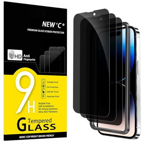 NEW'C 3 Pack Privacy for iPhone 14 Pro Screen Protector (6.1 inches), Anti-Spy Tempered Glass Film,Case Friendly Ultra Resistant, Balanced 28-Degree Privacy Angle - Easy installation tool included