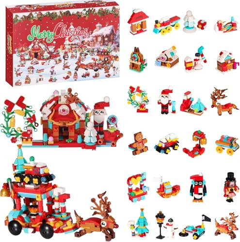 Adventskalender 2024, Bauklötze Adventskalender Kinder Erwachsene 24 Tage Weihnachtshaus 12-in-1 Überraschungsbausteine Countdown Kalender Party Favors für Jungen Mädchen Geschenk