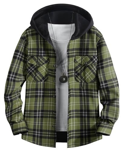 QIXING Herren Kariertes Flanellhemd Winter Hemd Warm Langarm Fleece Hoodie mit Knopfleiste Herren Holzfällerhemd mit Kapuze(Schwarz Hellgrün, XL)