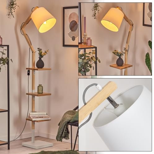 HOFSTEIN Lampada da terra Tukchor, lampada da terra in legno/metallo/tessuto naturale/bianco, lampada regolabile in stile bohémien con ripiani e interruttori, 152,5 cm, E27, soggiorno, camera da