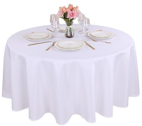Kesfey 70 Inch White Round Tablecloths Polyester Table Cloth Cover Waterproof Round Tablecloth Wipe Clean Party Table Cloths for Dining Decor Wedding