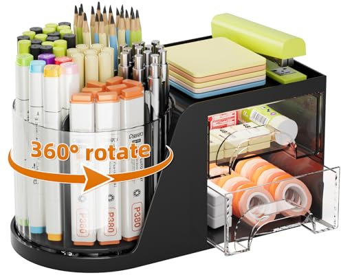 Marbrasse Organizador Escritorio con Cajones,Soporte Giratorio de 360 Grados con 5 Compartimentos,Organizador de Lápices,Caja de Almacenamiento de Suministros de Arte(Negro)